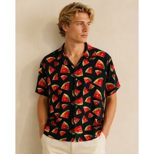 LR2608 Watermelon Print Hawaiian Shirt Men’s Large Navy Tropical Button Front